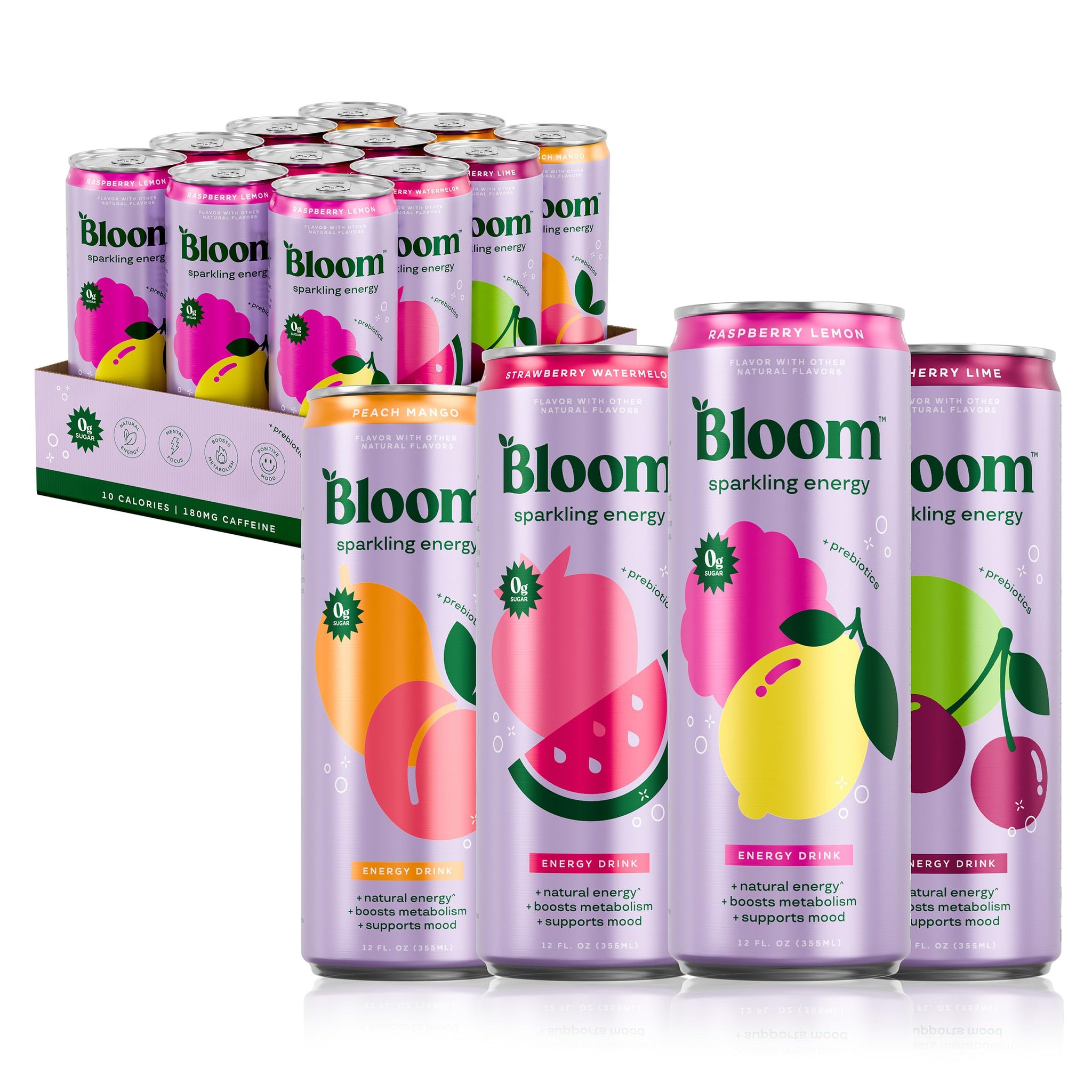 Bloom Nutrition Sparkling Energy Drink - Variety Pack - Natural Caffeine, Zero Sugar, 180mg Caffeine - Antioxidant-Rich with Green Coffee Bean, Green Tea Extract, Prebiotics - 12oz 12 Pack
