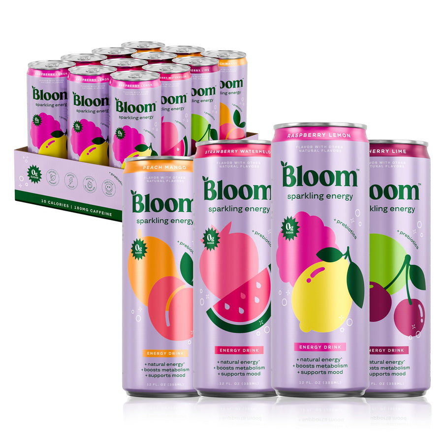 Bloom Nutrition Sparkling Energy Drink Variety Pack – Zero Sugar 180mg Caffeine 12oz 12 Pack