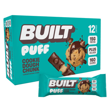 Built Bar, Puff Protein Bars, Cookie Dough Chunk Puff, 15g Protein Snacks, On-The-Go Bars, Only 160 Calories, 8g Sugar, Collagen, Not Gluten Free, 12 Count
