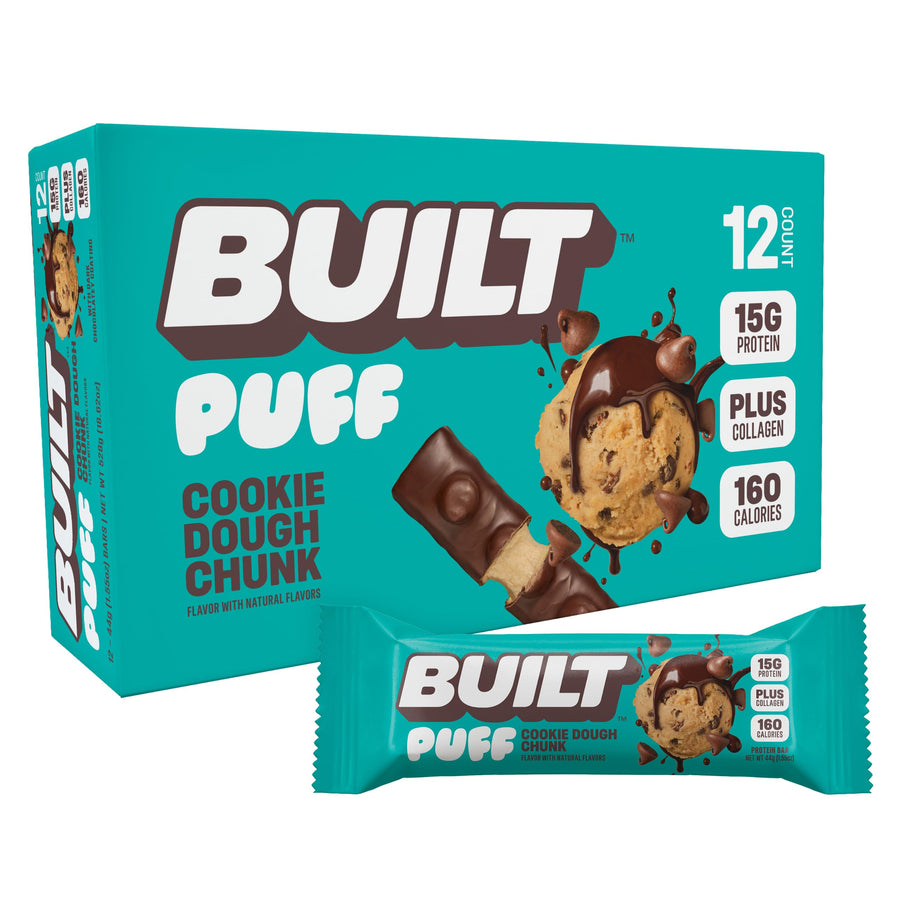 Built Bar Puff Protein Bars – Cookie Dough Chunk Puff, 15g Protein, On-The-Go, 12 Count