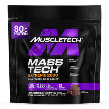 Muscletech High-Protein Mass Gainer (Triple Chocolate Brownie, 6LB) - Mass Tech Extreme 2000 Mass Gainer Protein Powder Supplement - Weight Gainer for Increase Muscle, Enhanced Recovery & Strength