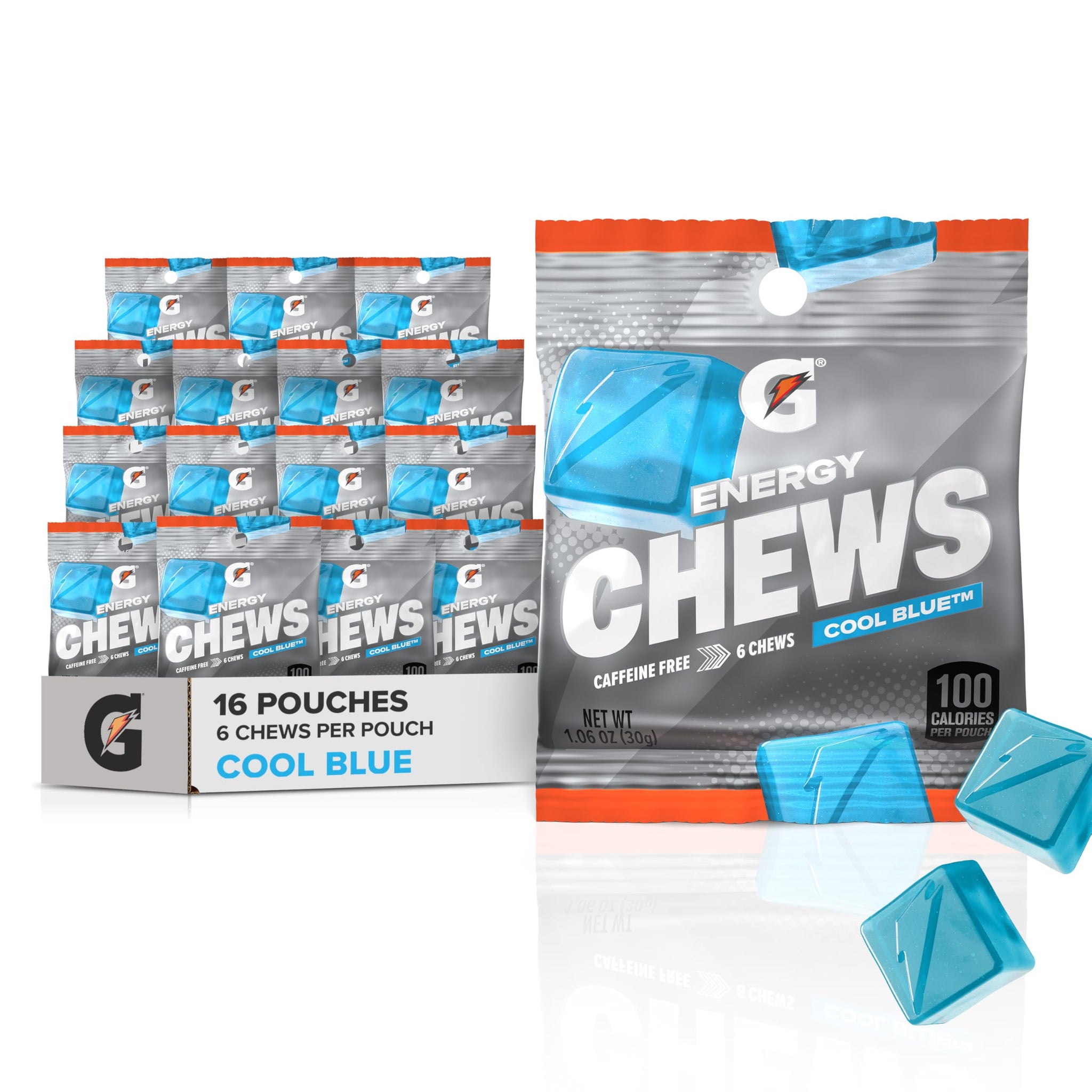 Gatorade Energy Chews, Cool Blue, Caffeine Free, B12, 1.06 oz - 100 Calorie Pouches, (16 Pack)