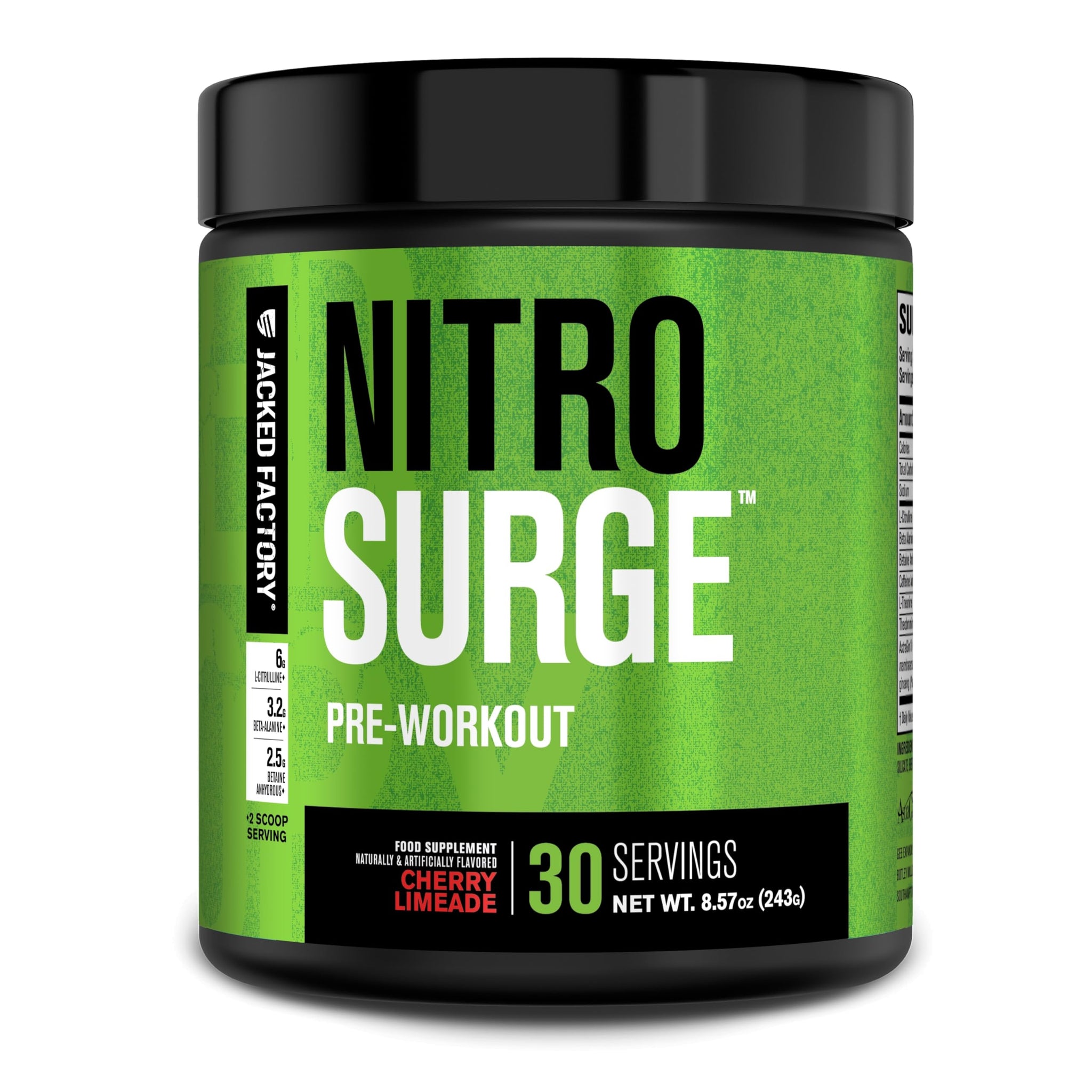 Jacked Factory NITROSURGE Pre Workout Supplement - Endless Energy, Instant Strength Gains, Clear Focus, Intense Pumps - NO Booster & Preworkout Powder with Beta Alanine - 30 Servings, Cherry Limeade