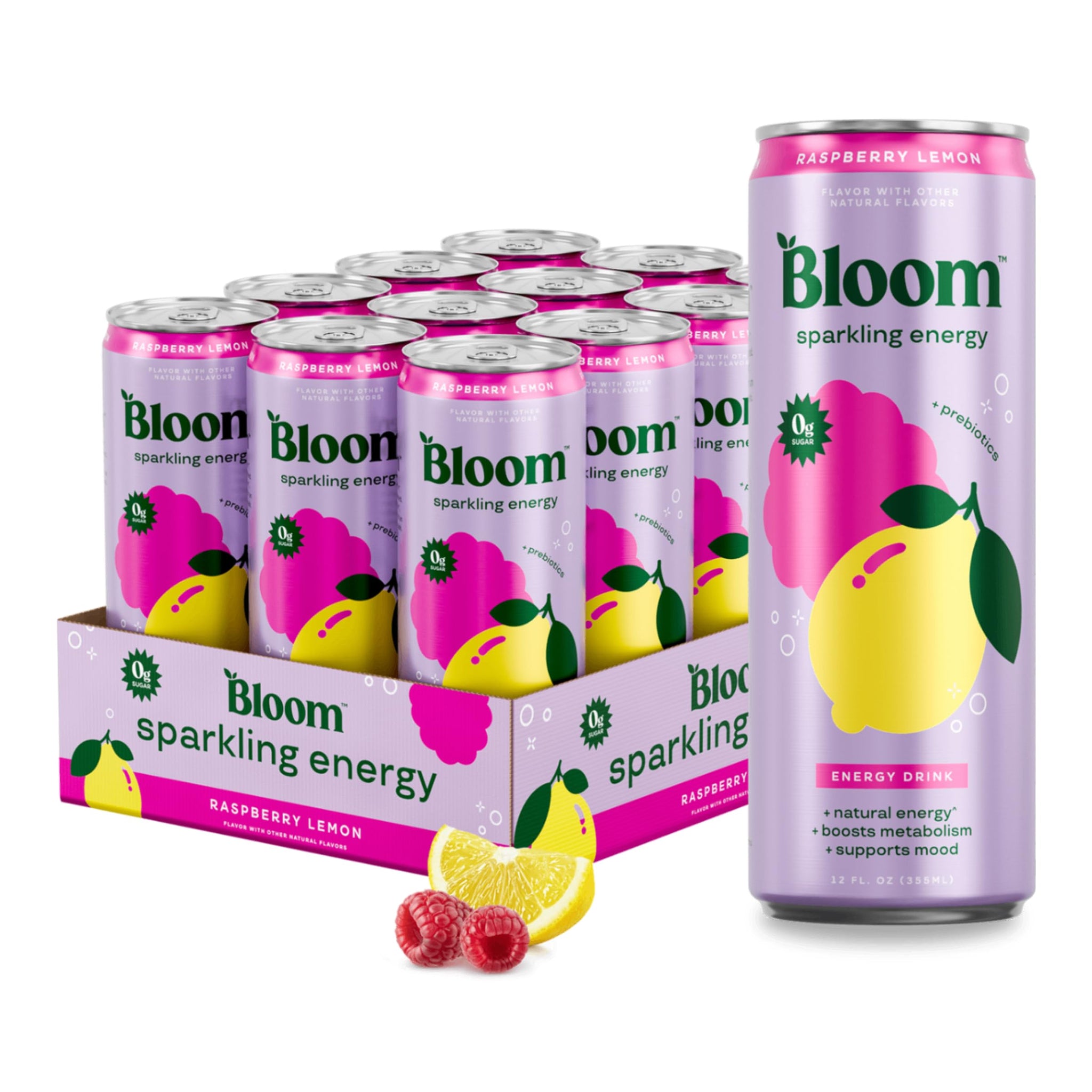 Bloom Nutrition Sparkling Energy Drink for Focus, Natural Caffeine, Zero Sugar, 180mg Caffeine, Antioxidant-Rich with Green Coffee Bean, Green Tea Extract, & Prebiotics, Raspberry Lemon 12oz 12 Pack