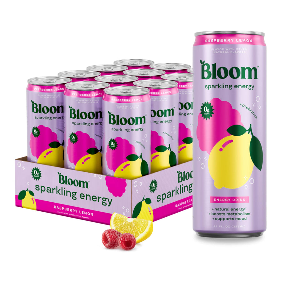 Bloom Nutrition Sparkling Energy Drink Raspberry Lemon – Zero Sugar 180mg Caffeine 12oz 12 Pack