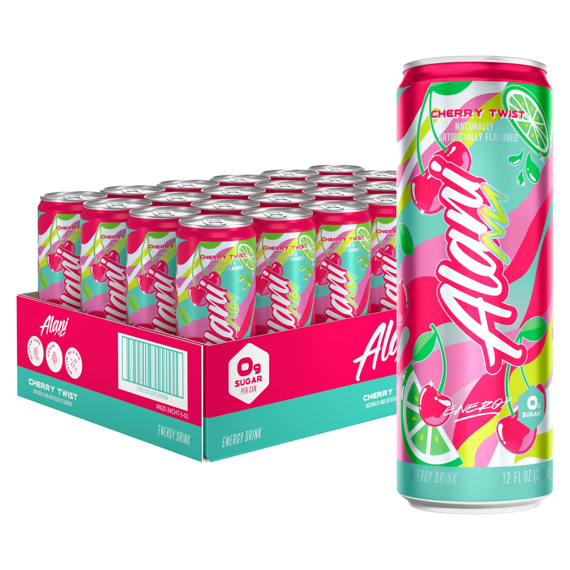 Alani Nu CHERRY TWIST Ice Sugar Free, Low Calorie Energy Drinks | 200mg Caffeine | Antioxidants | Biotin, B Vitamins | Zero Sugar | 15 Calories or Less | 12 Oz Cans | 24 Count
