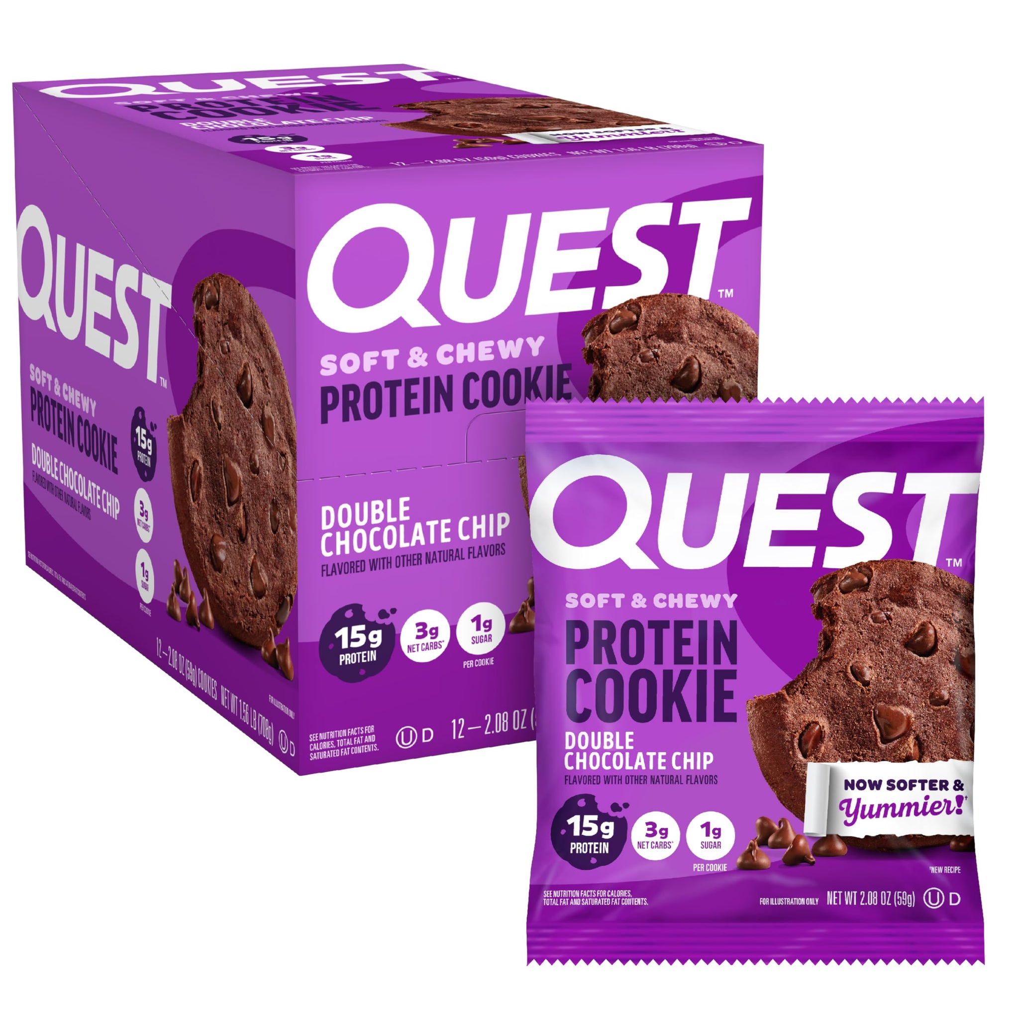 Quest Soft & Chewy Protein Cookie - 15g Protein - Double Chocolate Chip (12 Cookies)