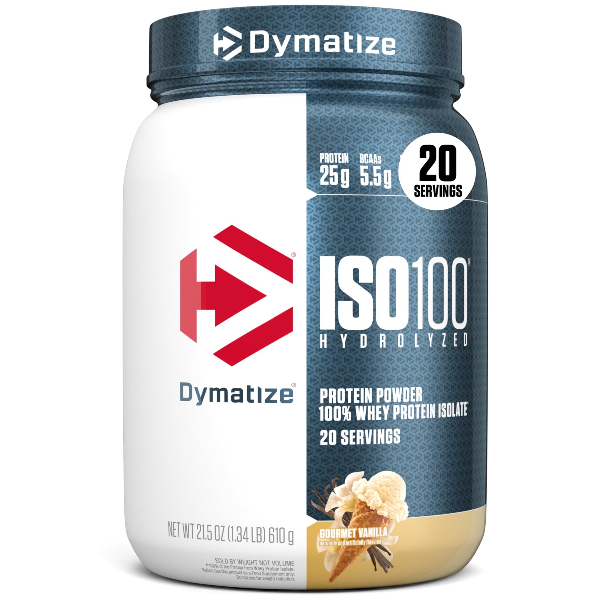 Dymatize ISO100 Whey Protein Powder Isolate, Gourmet Vanilla, 25g of Protein, 5.5g BCAAs, Less Than 120 Cal., Gluten Free, 1g Fat, 1g Sugar, 2g Carb (20 Servings)