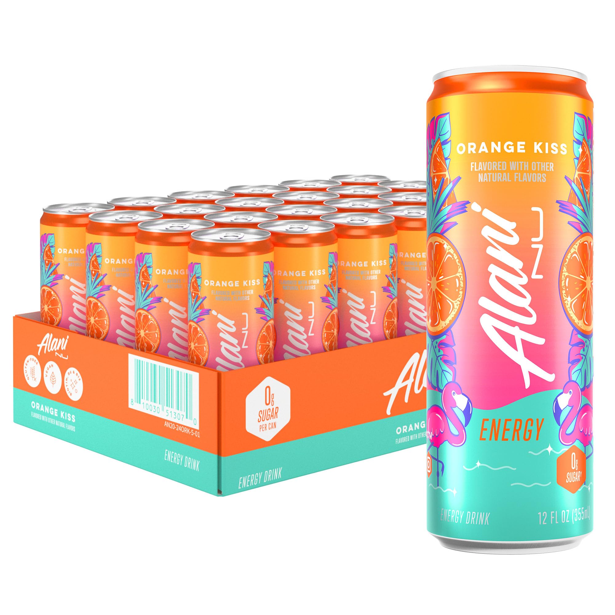 Alani Nu ORANGE KISS Ice Sugar Free, Low Calorie Energy Drinks | 200mg Caffeine | Antioxidants | Biotin, B Vitamins | Zero Sugar | 15 Calories or Less | 12 Oz Cans | 24 Count