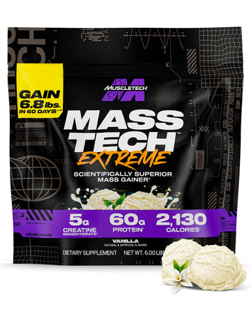 Muscletech High-Protein Mass Gainer (Vanilla Milkshake, 6LB) - Mass Tech Extreme 2000 Mass Gainer Protein Powder Supplement - Weight Gainer for Increase Muscle & Enhanced Recovery - Packaging May Vary