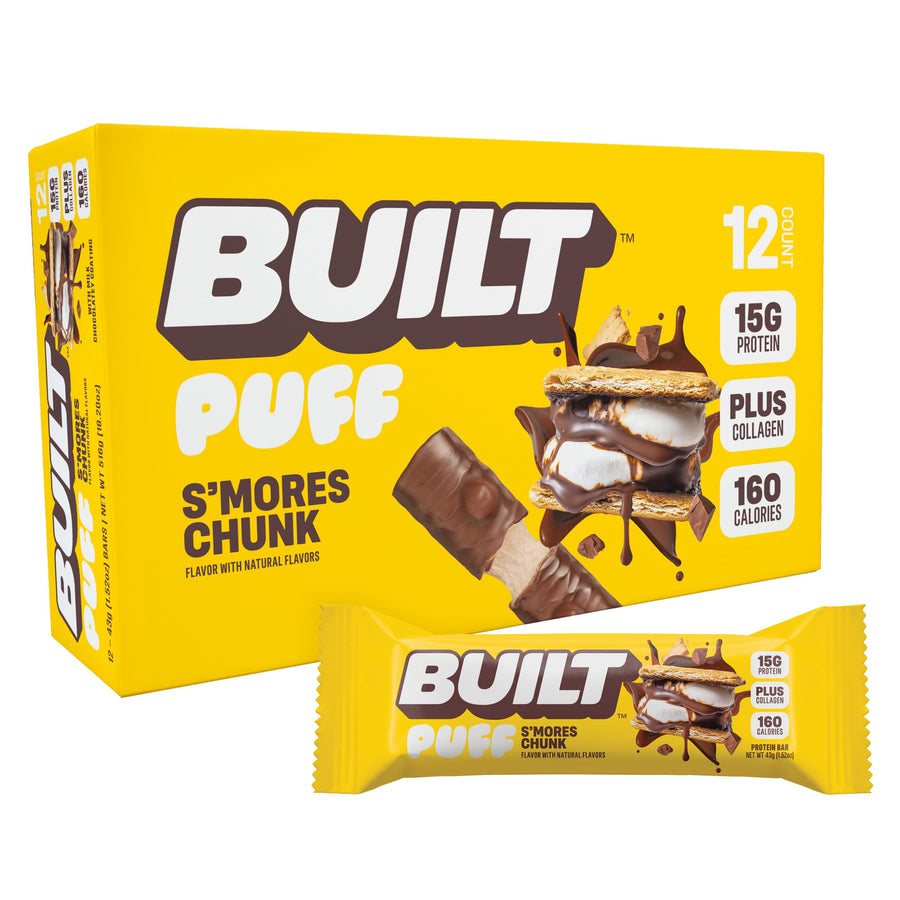 Built Bar Puff Protein Bars – S’mores Chunk Puff, 15g Protein Snacks, On-The-Go, 12 Count