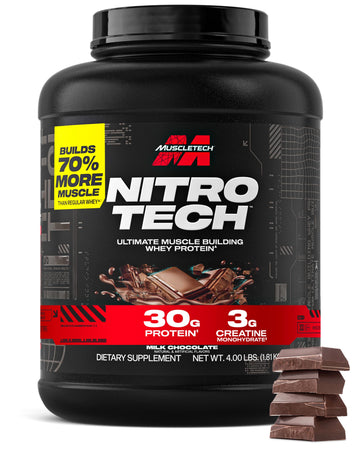 Muscletech Whey Protein Powder (Milk Chocolate, 4 Pound) - Nitro-Tech Ultimate Muscle Building Formula with Whey Protein Isolate - 30g of Protein, 3g of Creatine & 6.8g of BCAA - Packaging May Vary