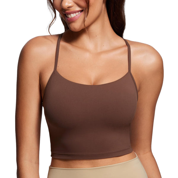 CRZ YOGA Womens Butterluxe Y Back Longline Sports Bras - Spaghetti Straps Racerback Padded Yoga Workout Crop Tank Top Coffee Brown Small