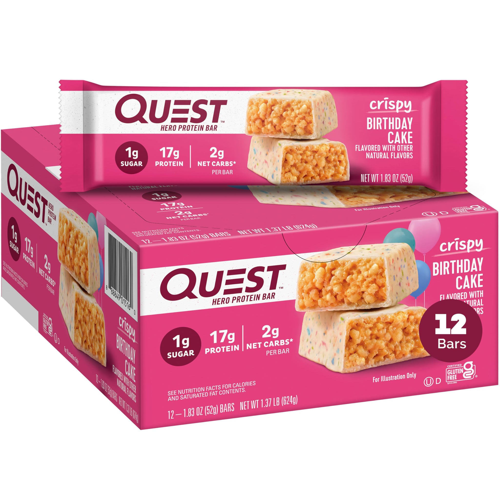 Quest Nutrition Crispy Birthday Cake Hero Protein Bar, 17g Protein, 1g Sugar, 2g Net Carbs, Gluten Free Protein Snack, Keto Friendly, 12 Count