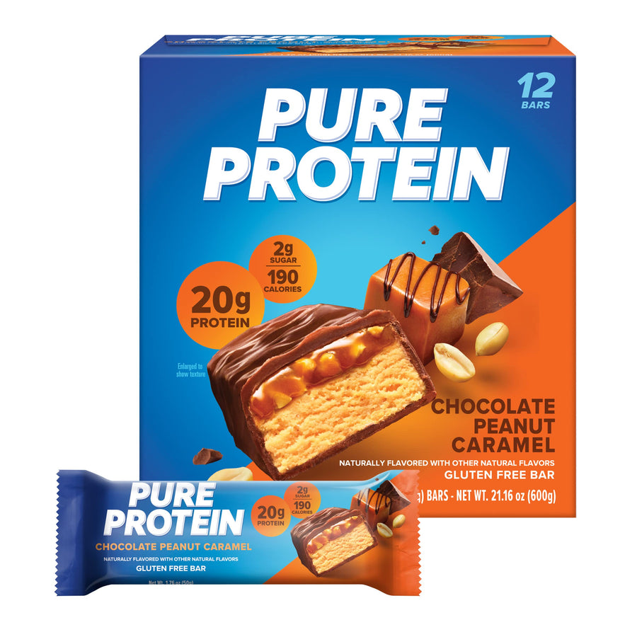 Pure Protein Bars – Chocolate Peanut Caramel, High Protein, Low Sugar, Gluten-Free, 12 Count, 1.76 oz Each