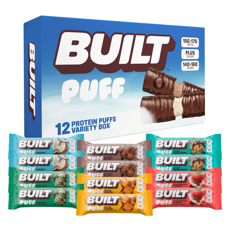 Built Bar Puff Protein Bars – Collagen-Infused Variety Pack, On-The-Go Snack, 12 Count