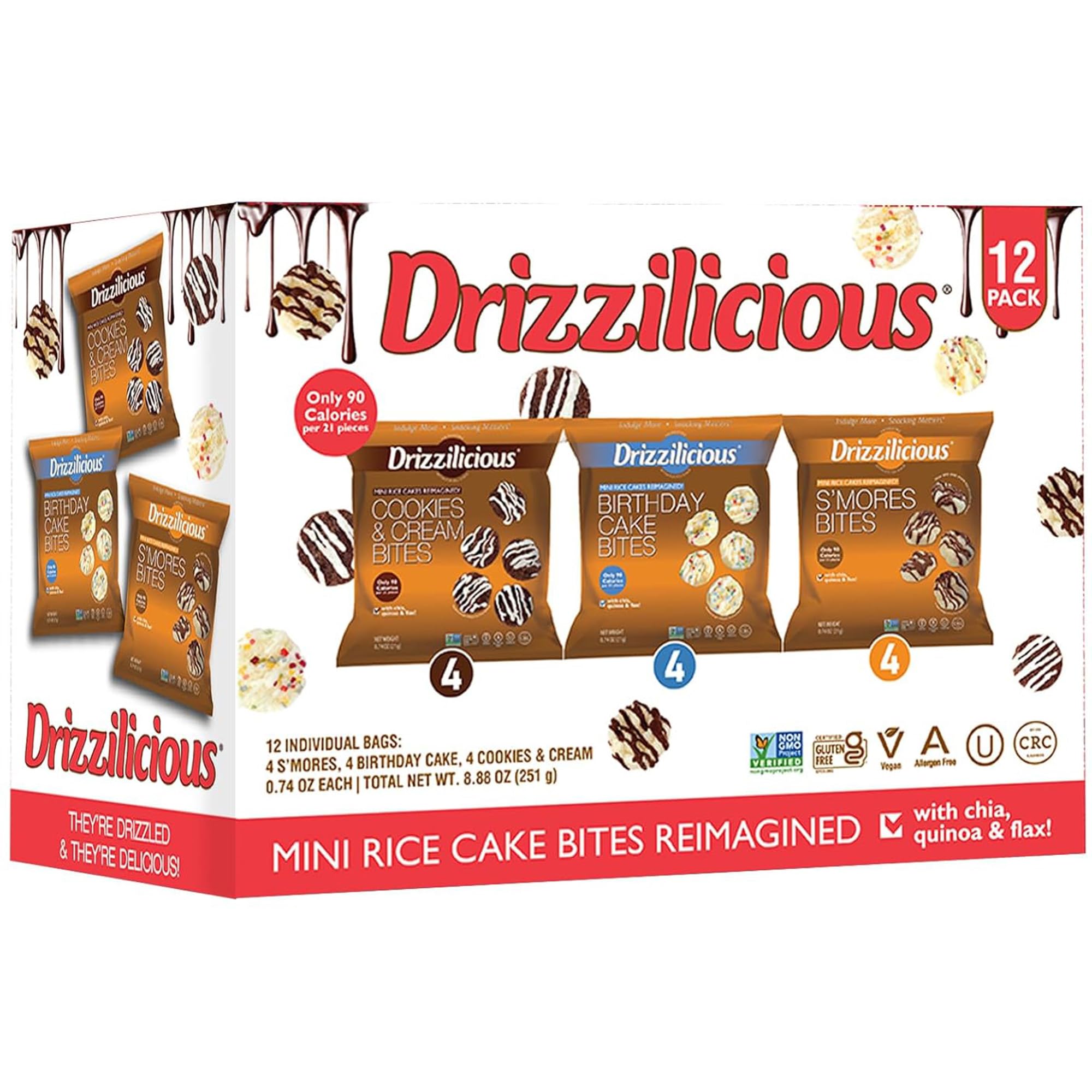 Drizzilicious Mini Rice Cakes Variety Pack - Rice Crisps, Healthy Snack for Adults and Kids, Flavored Rice Cakes, Vegan, Gluten Free, Allergen Free, Only 90 Calories Per Bag - 0.74 oz (Pack of 12)