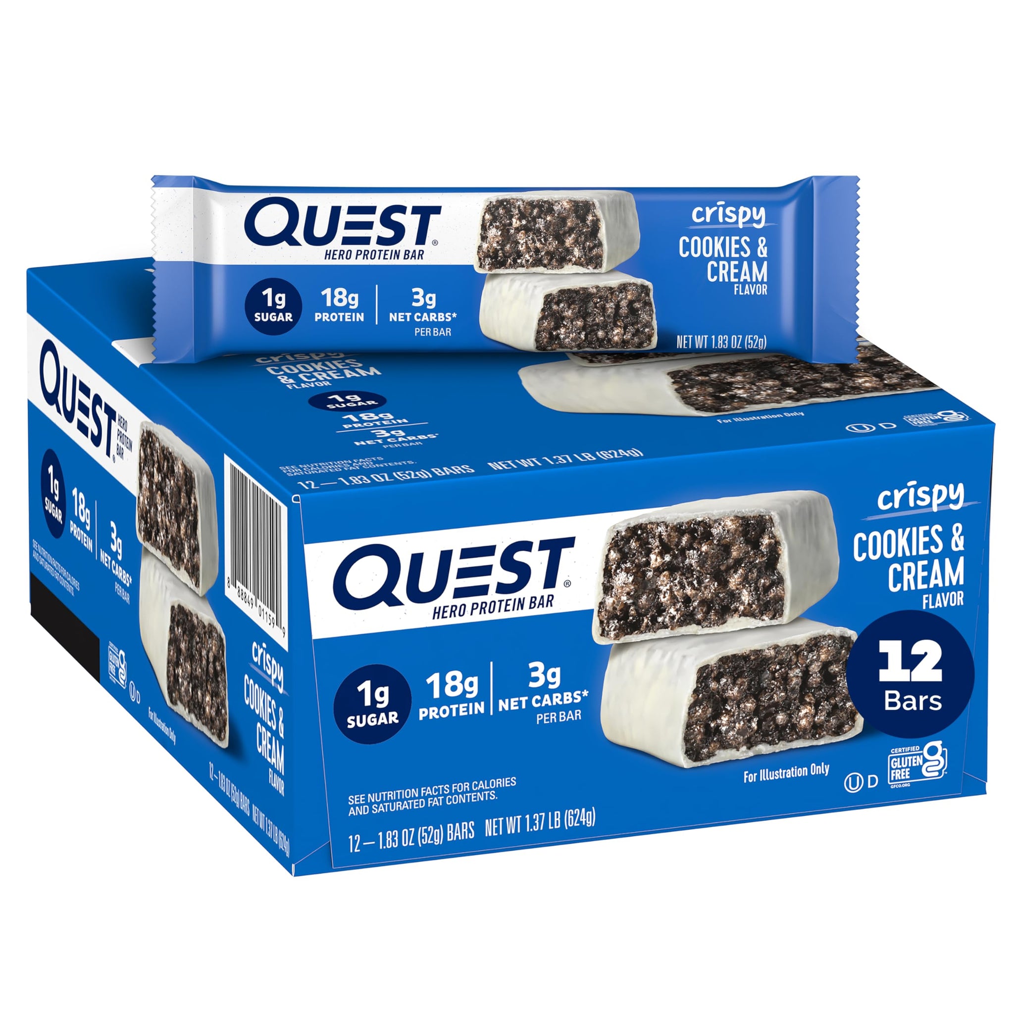 Quest Nutrition Crispy Cookies & Cream Hero Protein Bar, 18g Protein, 1g Sugar, 3g Net Carb, Gluten Free Protein Snack, Keto Friendly, 12 Count