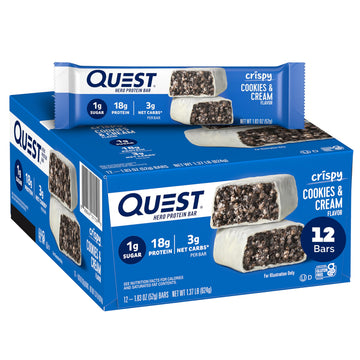 Quest Nutrition Crispy Cookies & Cream Hero Protein Bar, 18g Protein, 1g Sugar, 3g Net Carb, Gluten Free Protein Snack, Keto Friendly, 12 Count
