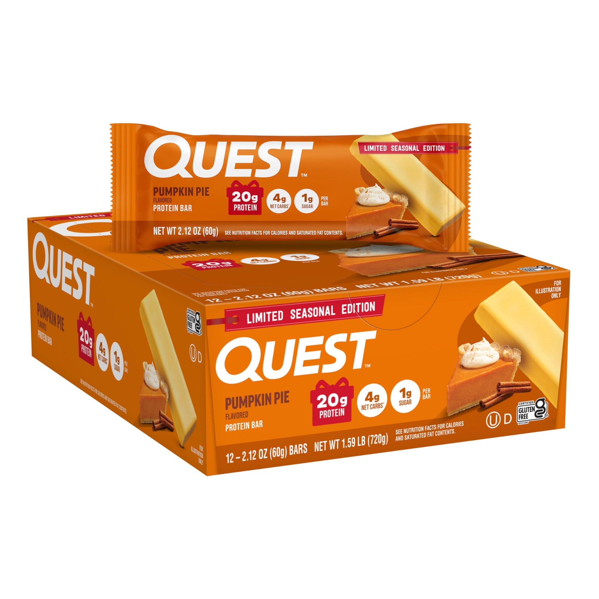 Quest Nutrition Pumpkin Pie Protein Bar, 20g Protein, 4g Net Carb, 1g Sugar, Gluten Free, 12 Count