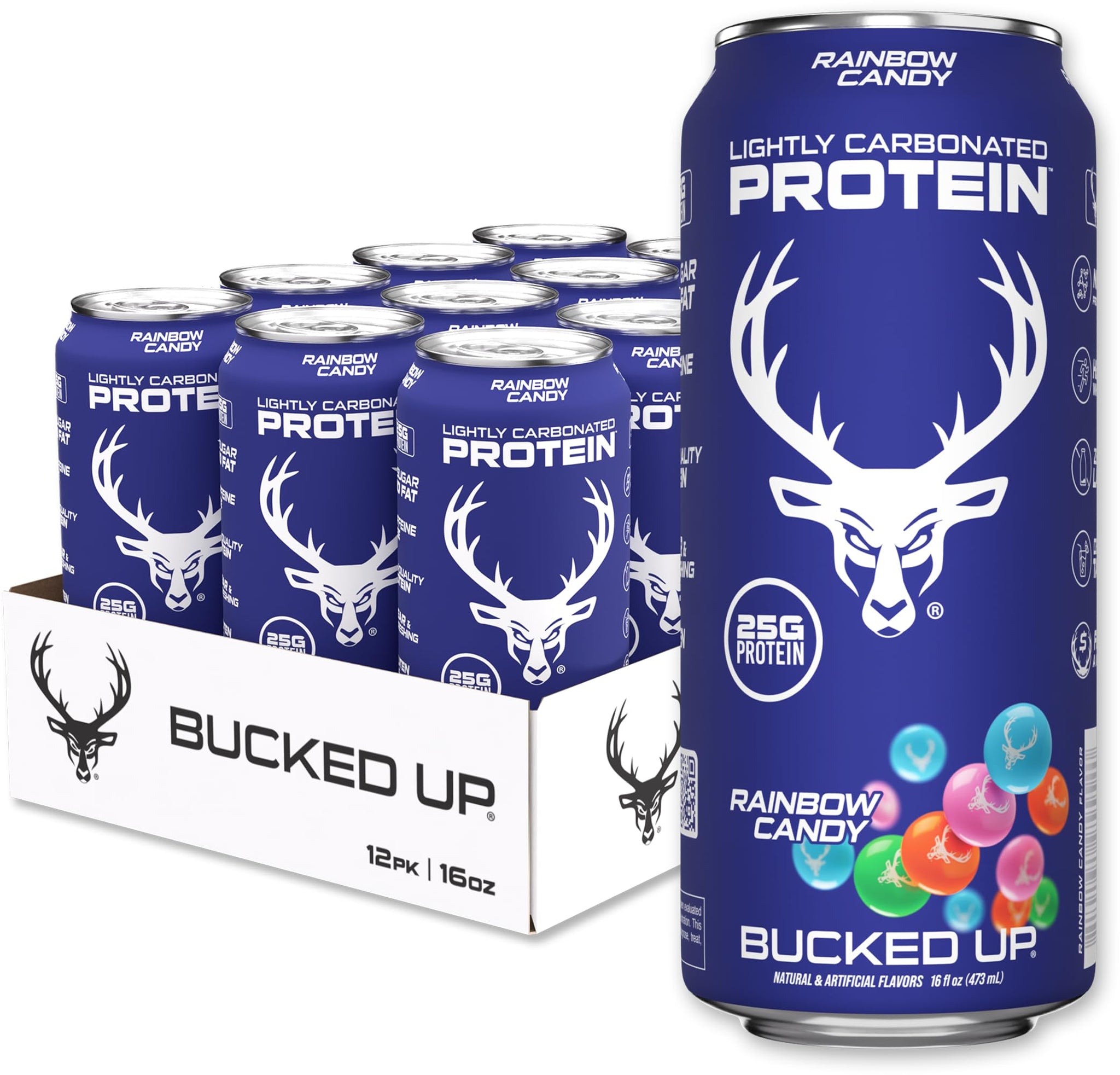 Bucked Up Lightly Carbonated Protein Soda | 25g Whey Isolate - Zero Sugar, Low Calorie, Caffeine Free, Clean Drink | Sparkling Protein Soda - 12 Pack, 16 oz Cans (Rainbow Candy)