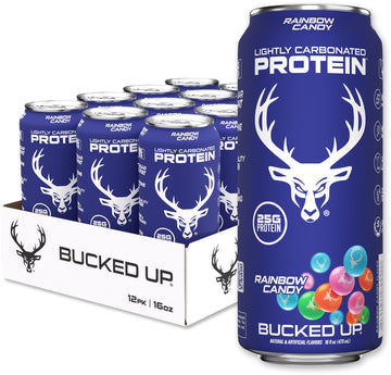 Bucked Up Lightly Carbonated Protein Soda | 25g Whey Isolate - Zero Sugar, Low Calorie, Caffeine Free, Clean Drink | Sparkling Protein Soda - 12 Pack, 16 oz Cans (Rainbow Candy)