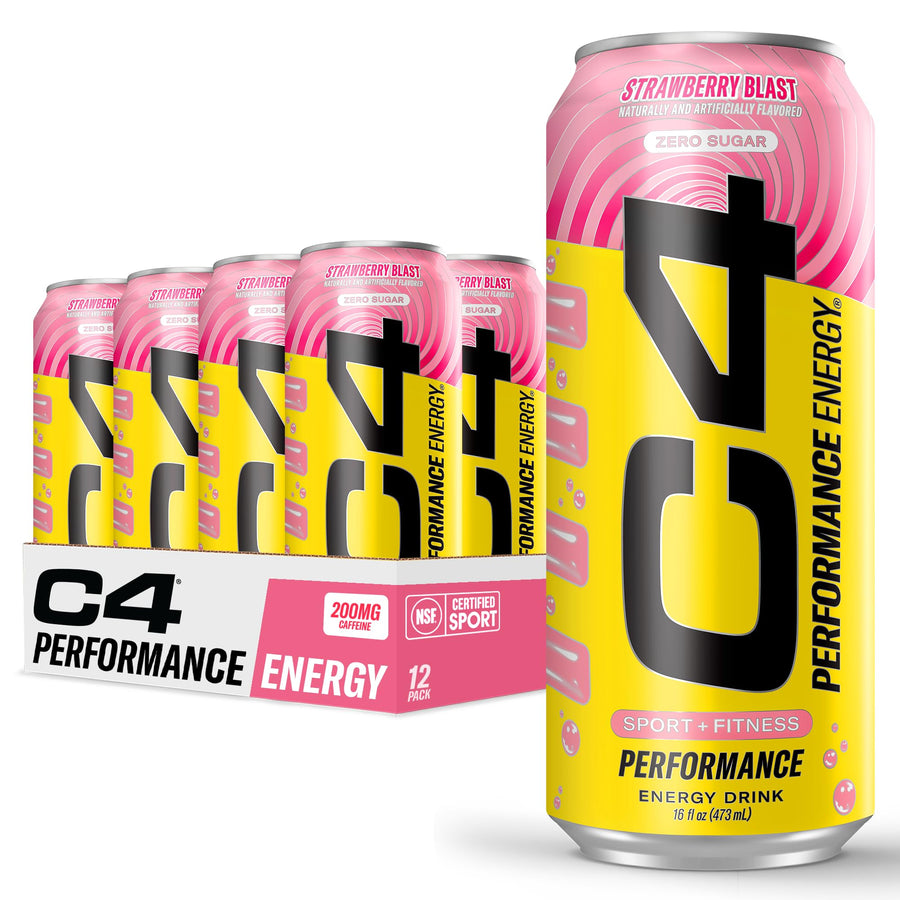 Cellucor C4 Performance Energy Drink – Strawberry Blast Flavor, Zero Sugar Energy Beverage (16oz, Pack of 12)