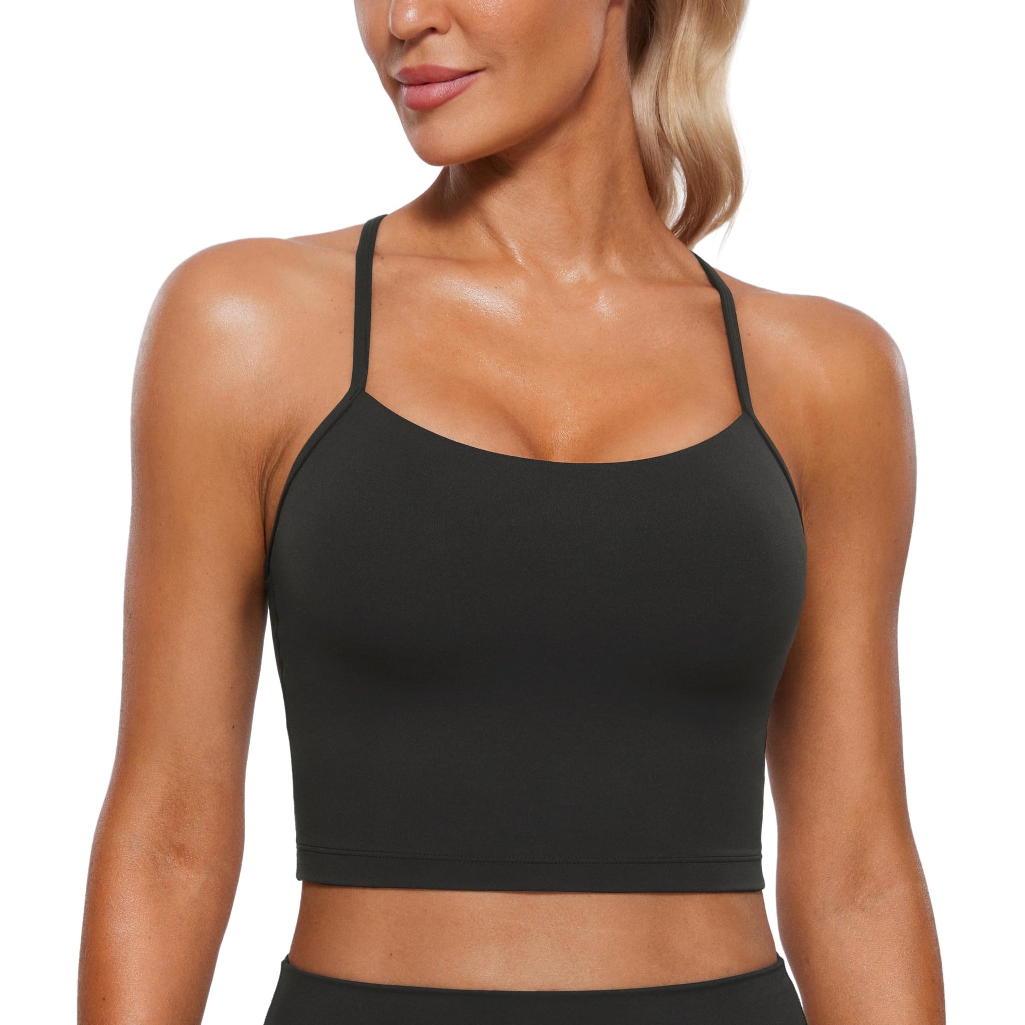 CRZ YOGA Womens Butterluxe Y Back Longline Sports Bras - Spaghetti Straps Racerback Padded Yoga Workout Crop Tank Top Black Small