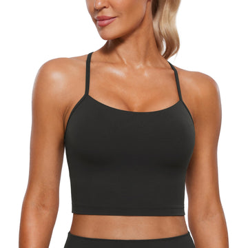 CRZ YOGA Womens Butterluxe Y Back Longline Sports Bras - Spaghetti Straps Racerback Padded Yoga Workout Crop Tank Top Black Small