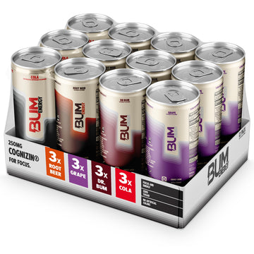 BUM Zero Sugar Energy Drink Variety Pack – Root Beer, Beer, Dr. Bum, Cola & Grape – Lightly Carbonated Sports Beverage with Natural Caffeine & Citicoline for Focus & Energy – 12 fl oz (12-Pack)
