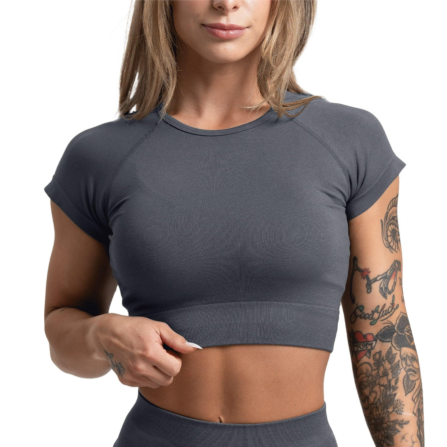 Gymreapers Women's Infinity Cropped Workout Tee – Seamless 4-Way Stretch Training Top (Flat Gray)